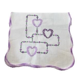 Hand Stitched Vintage Linen Runner Cross Stitch Purple Hearts 34x14 Cottagecore